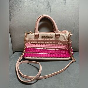 Betsey Johnson white crossbody/handbag with pink gradient ruffles 14”x7”x4.5”
